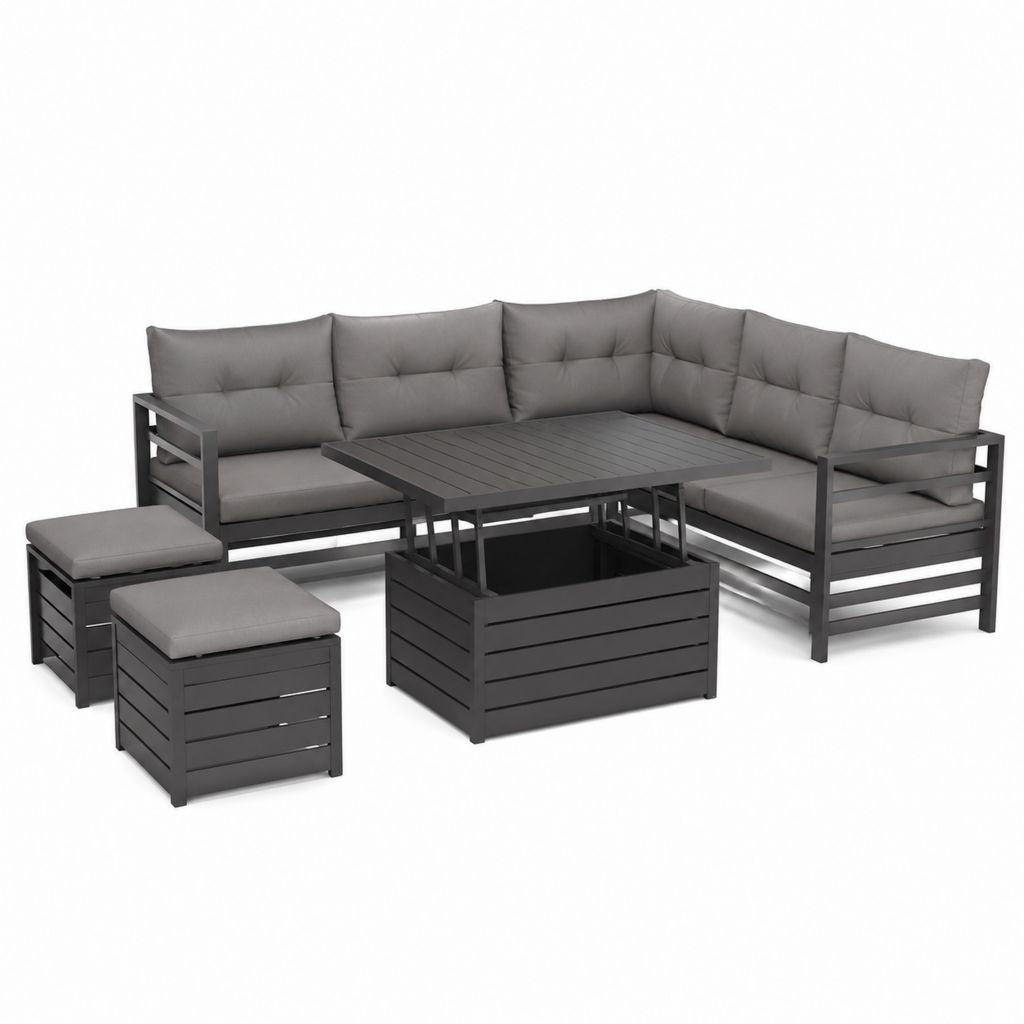 Salon de jardin d'angle 6 places gris anthracite en aluminium avec table rectangulaire et 2 poufs 240 x 240 cm