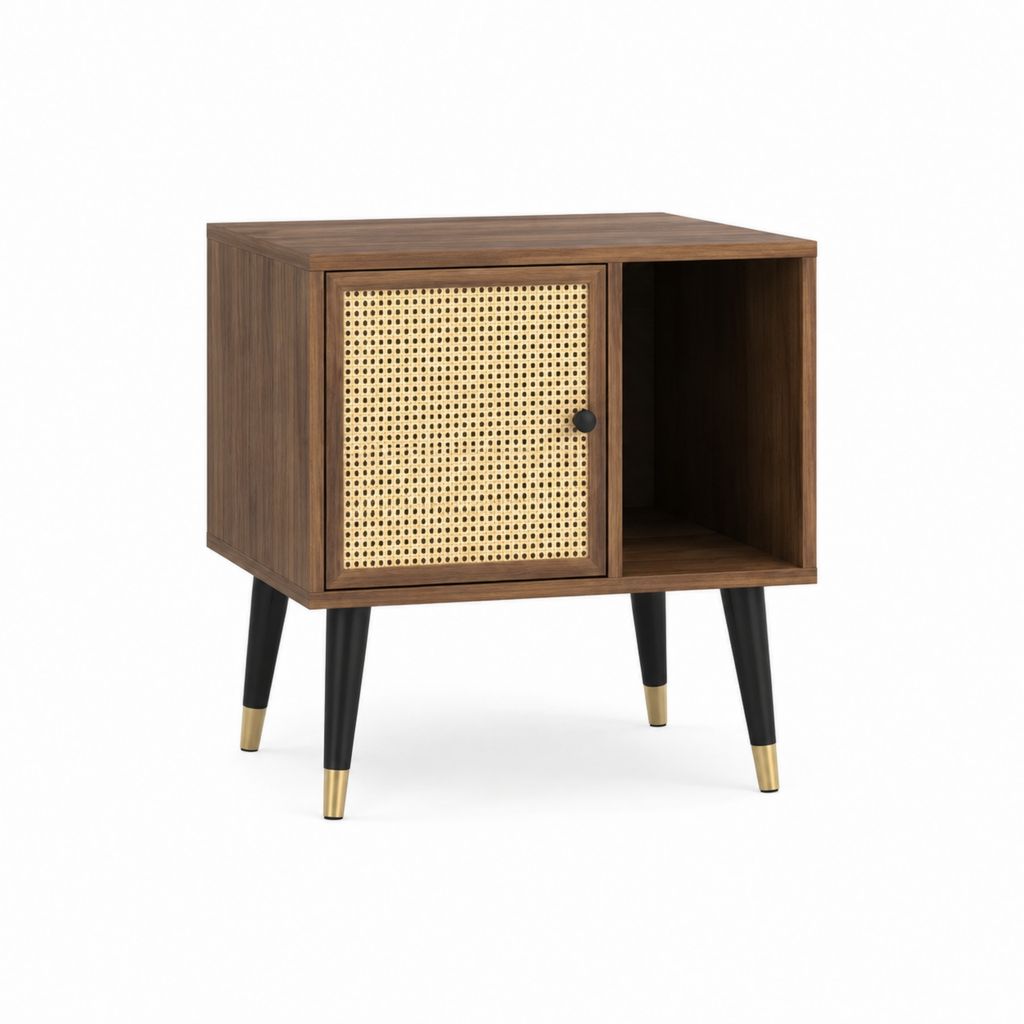 Table de chevet avec porte en cannage beige et niche ouverte noyer 60 x 40 x 60 cm