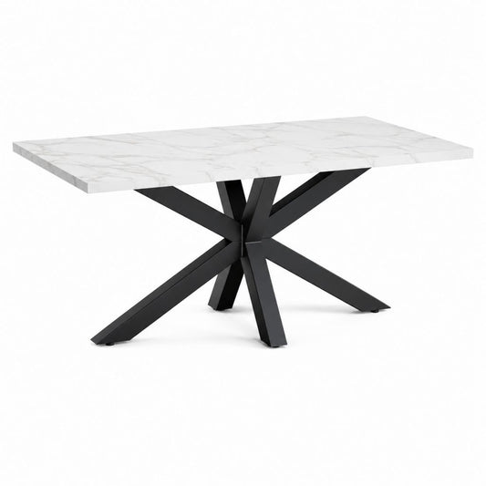 Table à manger rectangulaire blanche effet marbre avec piètement acier noir 180 x 90 x 75 cm