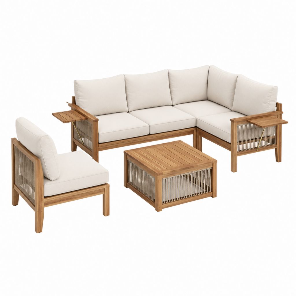 Salon de jardin d'angle 4 pièces beige en acacia massif avec coussins en polyester 220 x 220 cm
