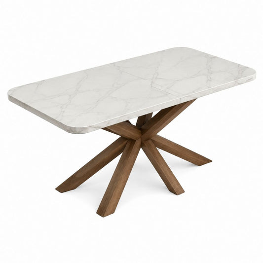 Table à manger extensible blanche effet marbre et noyer rectangulaire 160-200 x 90 x 75 cm
