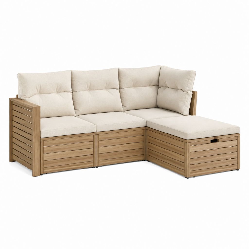 Salon de jardin d'angle 3 places beige en bois massif d'acacia avec coussins 205 x 205 x 70 cm