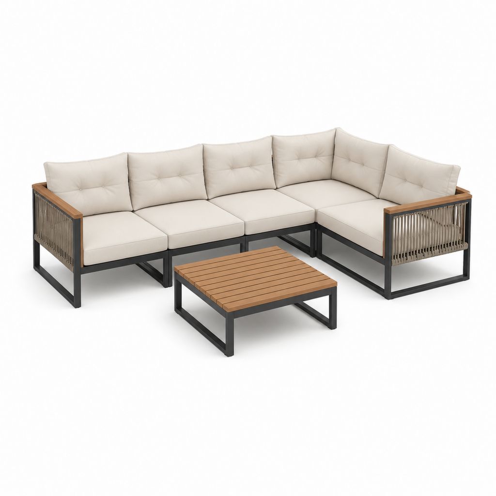 Salon de jardin d'angle 5 places beige noir et naturel en aluminium et acacia avec table basse 280 x 210 x 75 cm
