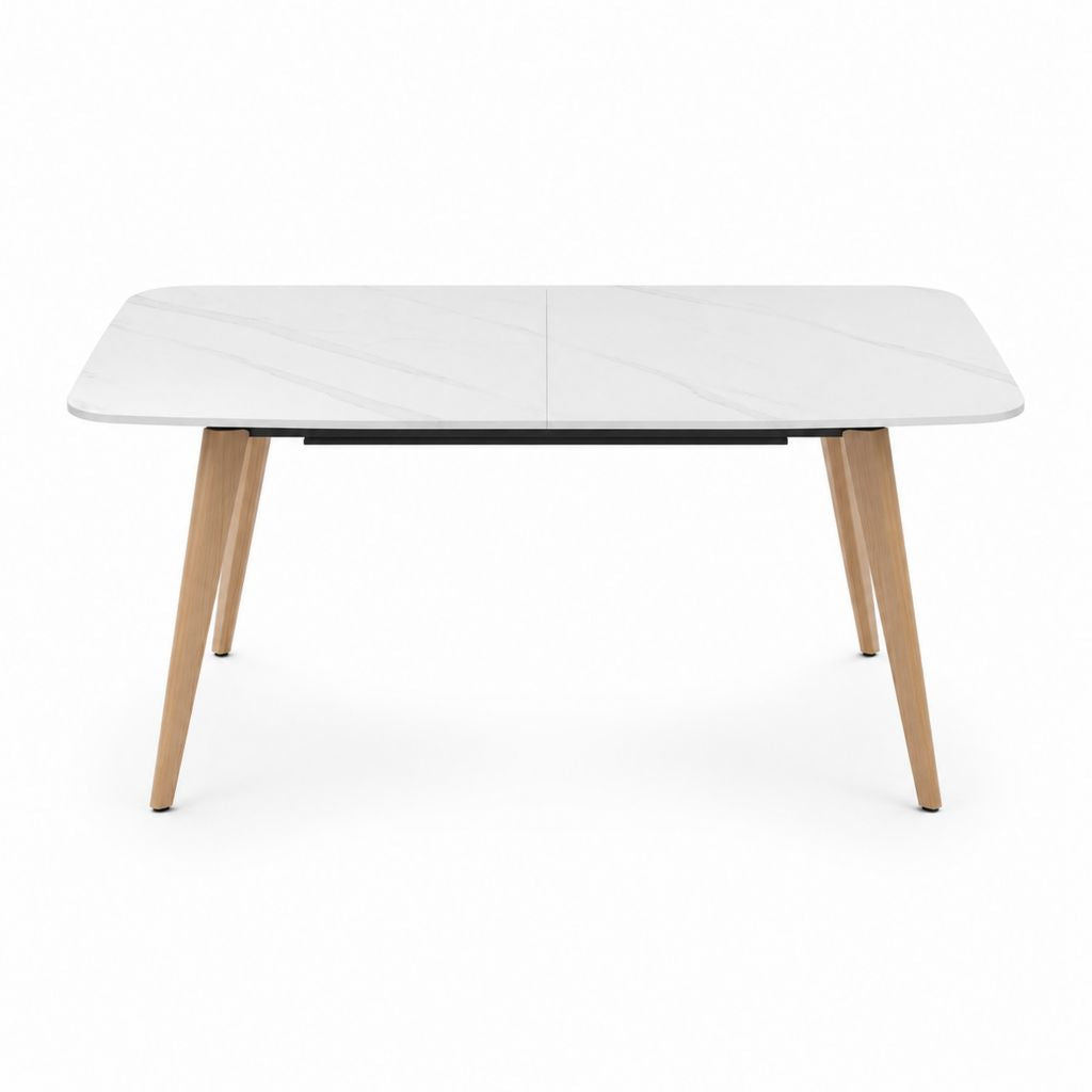 Table à manger extensible blanche en céramique effet marbre et bois massif rectangulaire 140-180 x 80 x 75 cm