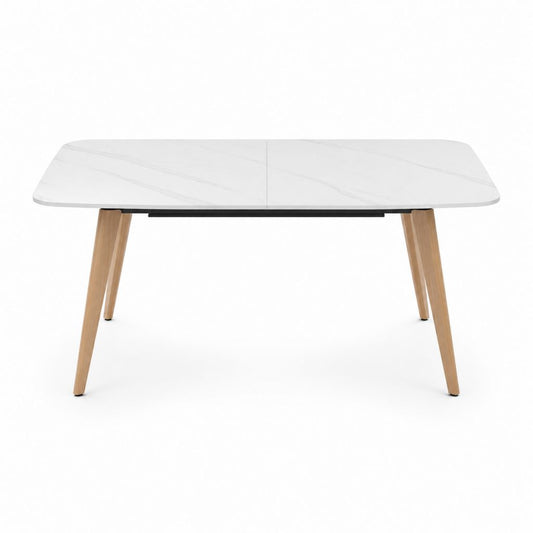 Table à manger extensible blanche en céramique effet marbre et bois massif rectangulaire 140-180 x 80 x 75 cm