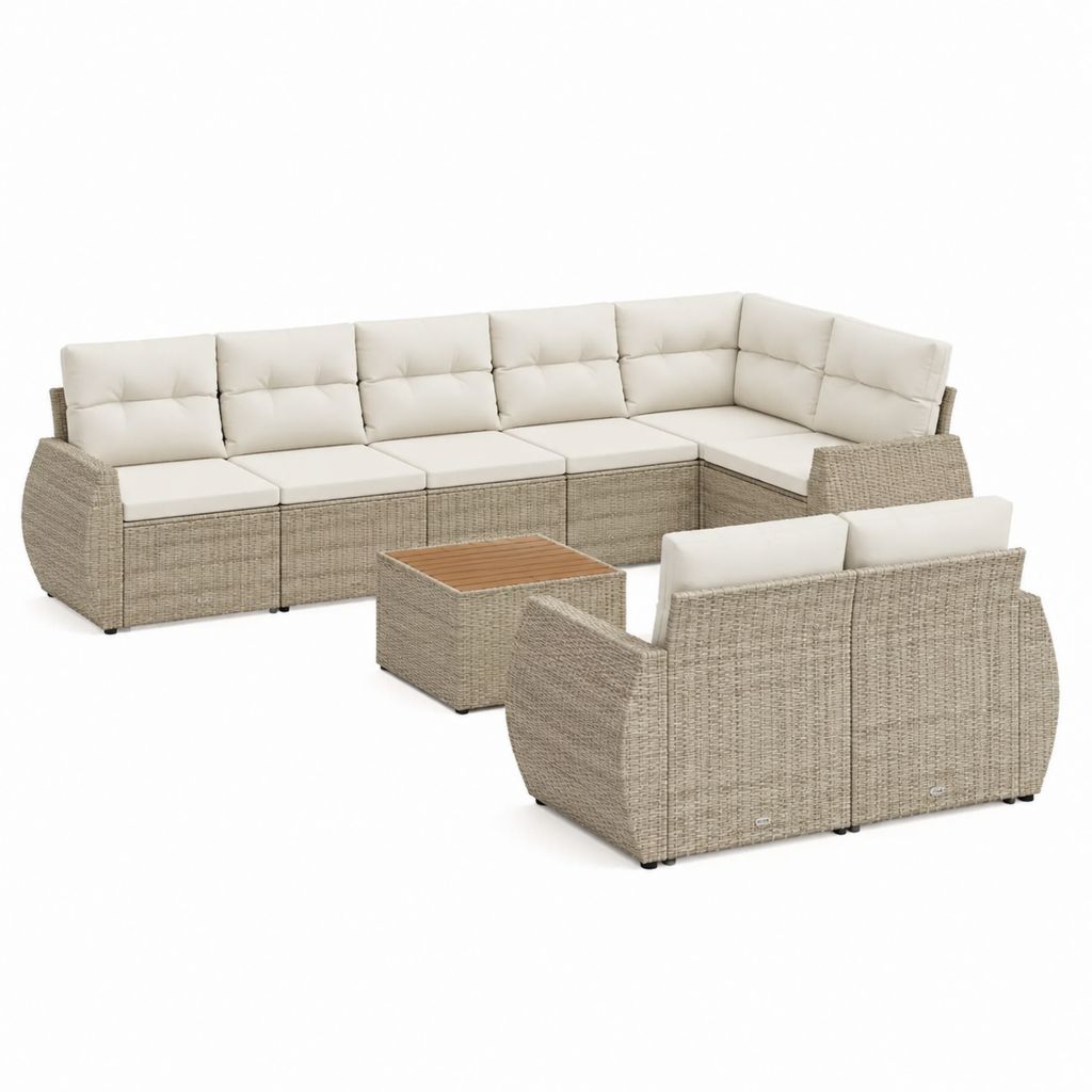 Salon de jardin d'angle 7 places beige en résine tressée PE avec coussins 300 x 230 cm