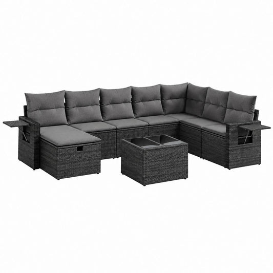 Salon de jardin d'angle 7 pièces noir et gris en résine tressée PE avec coussins et table 245 x 175 x 63 cm