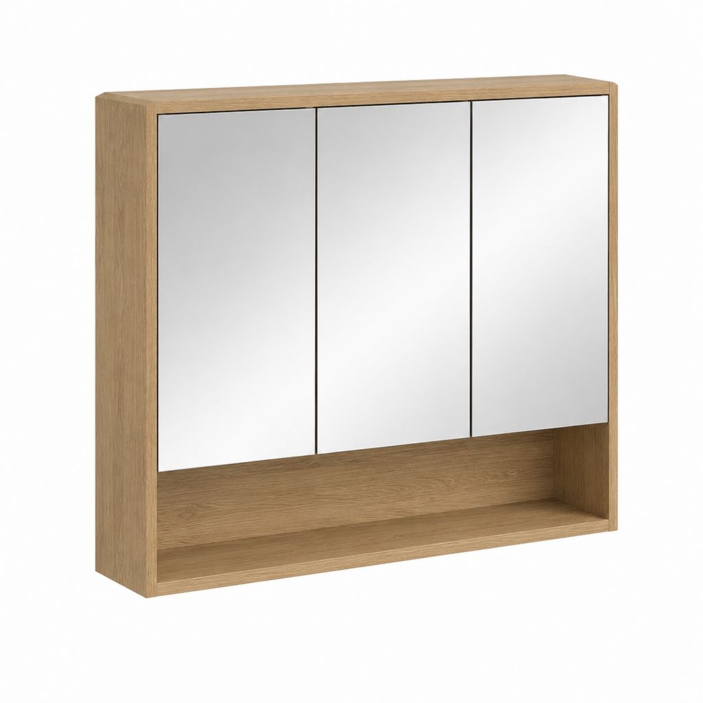 Armoire de salle de bain murale à 3 portes miroir chêne clair en MDF 80 x 70 x 15 cm