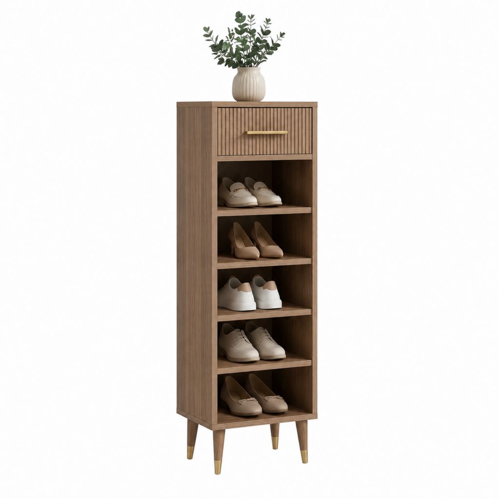 Meuble à chaussures vertical marron en panneaux de particules 60 x 35 x 160 cm avec 5 niches et tiroir