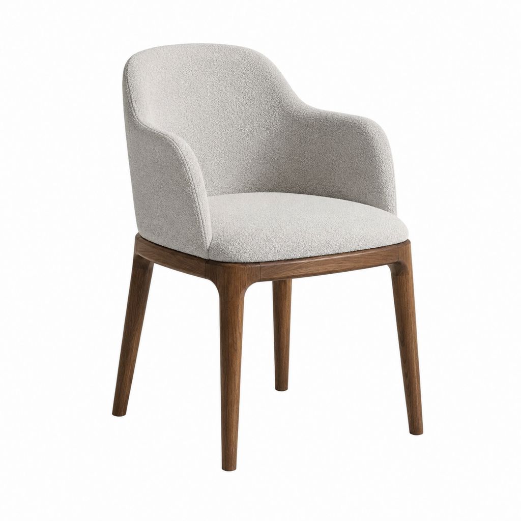 Fauteuil de salon beige en polyester bouclette avec piètement en noyer massif 58 x 62 x 82 cm