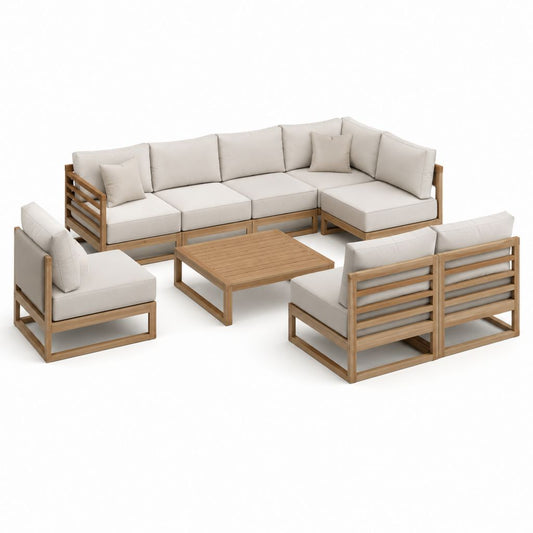Salon de jardin d'angle 8 places beige en bois d'acacia avec table basse 270 x 210 cm
