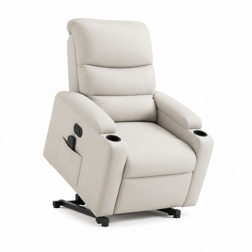 Fauteuil relax inclinable manuel beige en polyester avec repose-pieds et porte-gobelets 90 x 92 x 104 cm