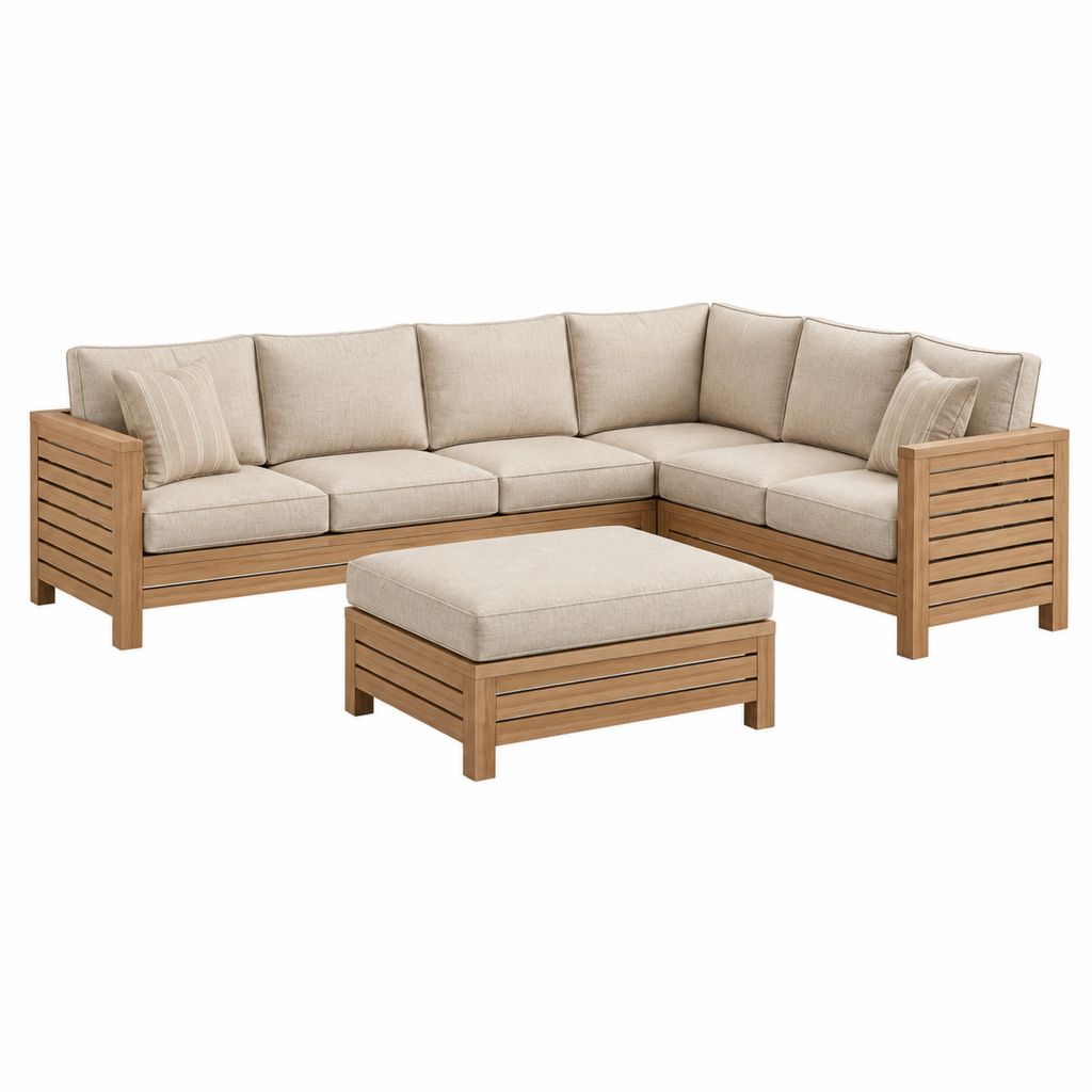 Salon de jardin d'angle 5 places beige en bois d'acacia massif avec coussins 245 x 245 x 80 cm