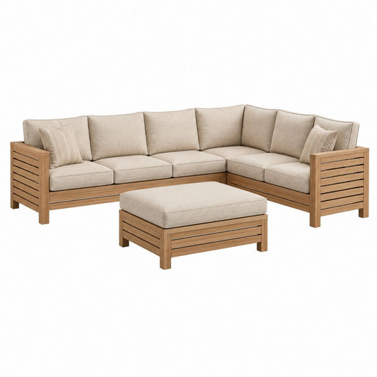 Salon de jardin d'angle 5 places beige en bois d'acacia massif avec coussins 245 x 245 x 80 cm