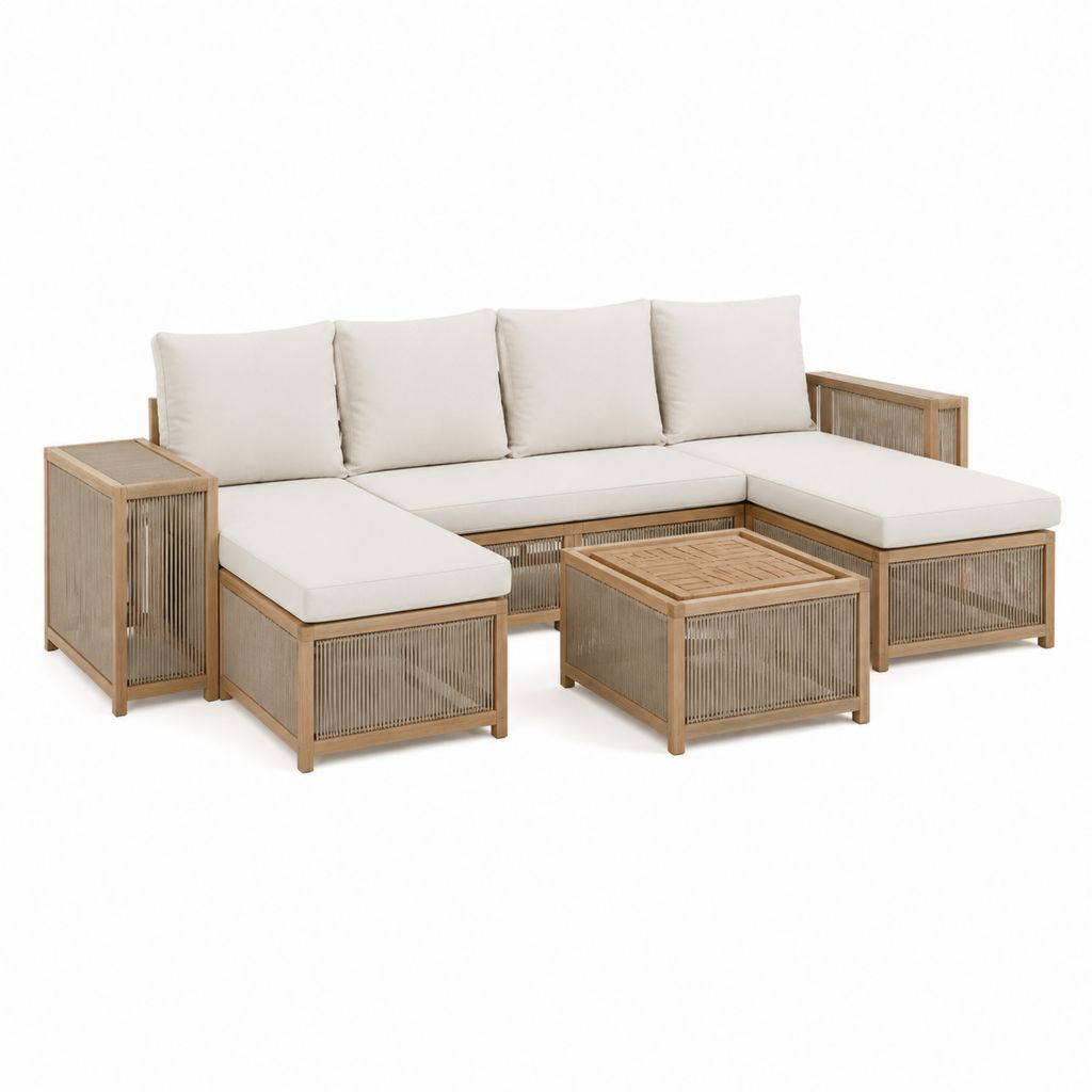 Salon de jardin canapé d'angle 5 places beige en acacia et corde 240 x 180 x 75 cm