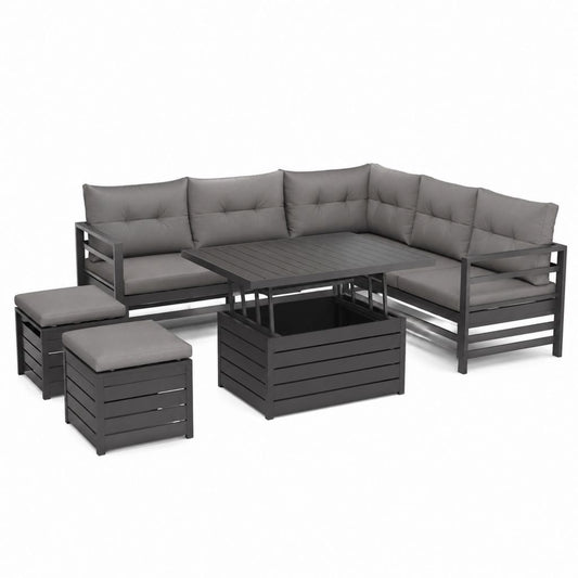 Salon de jardin d'angle 6 places gris anthracite en aluminium avec table rectangulaire et 2 poufs 240 x 240 cm